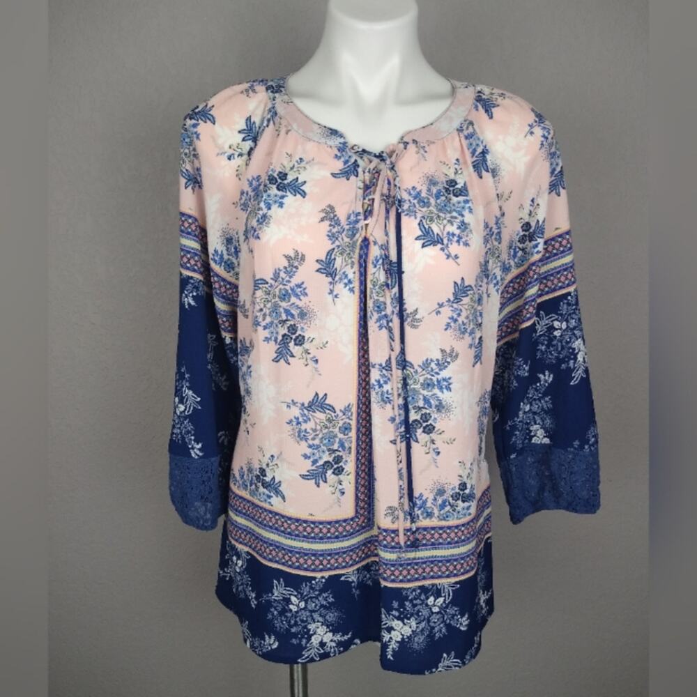 OLIVE HILL Boho Peasant Floral Top Pink Blue Med. - Picture 14 of 15